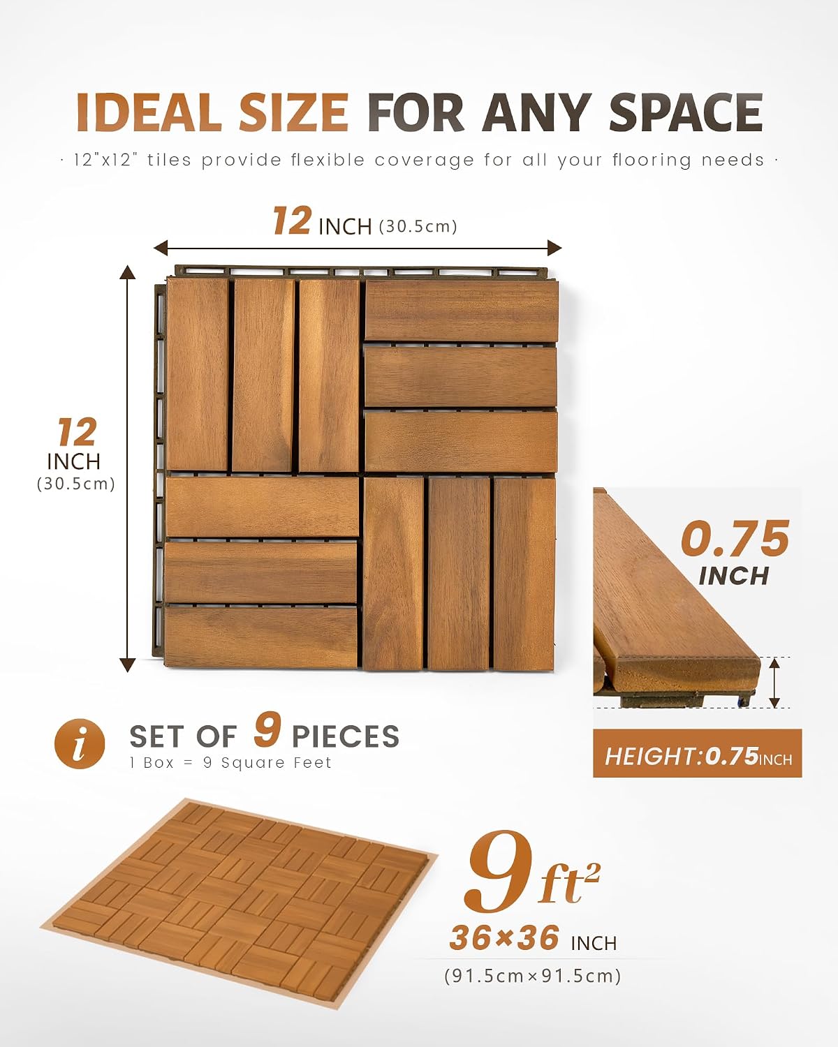 9‑Pack Acacia Wood Interlocking Deck Tiles