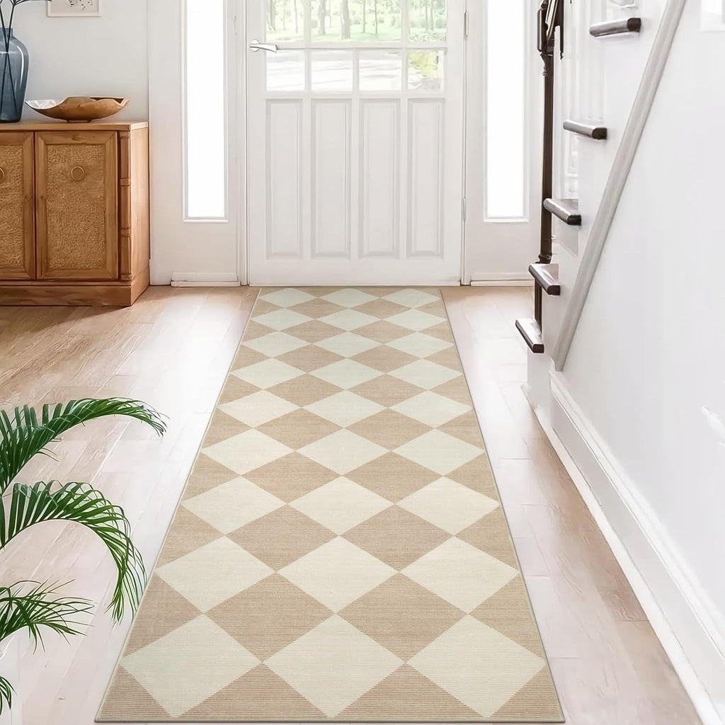 2.5x8 Beige Gingham Runner Rug