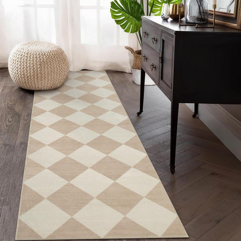 2.5x8 Beige Gingham Runner Rug