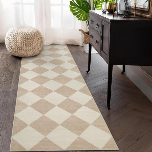 2.5x8 Beige Gingham Runner Rug