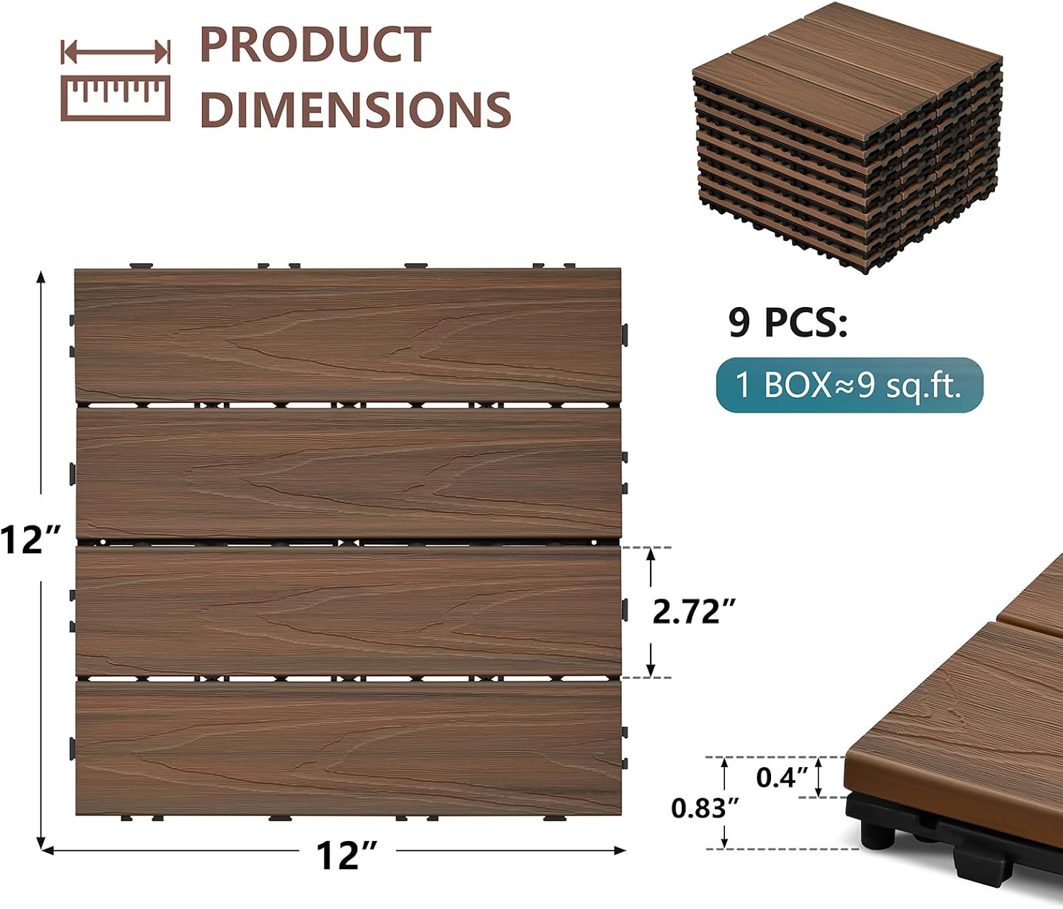 9‑Pack Teak Plastic‑Wood Interlocking Deck Tiles