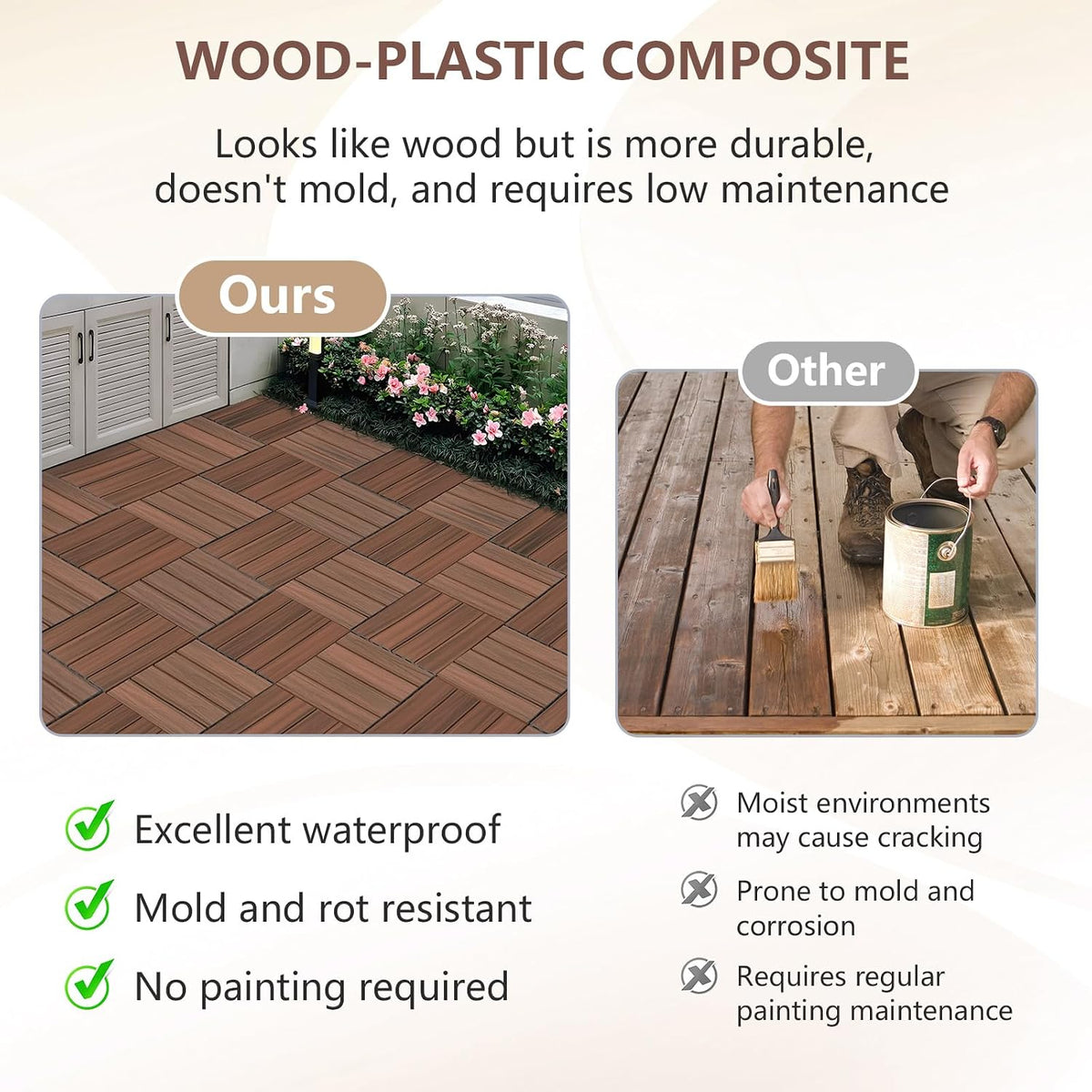 9‑Pack Teak Plastic‑Wood Interlocking Deck Tiles