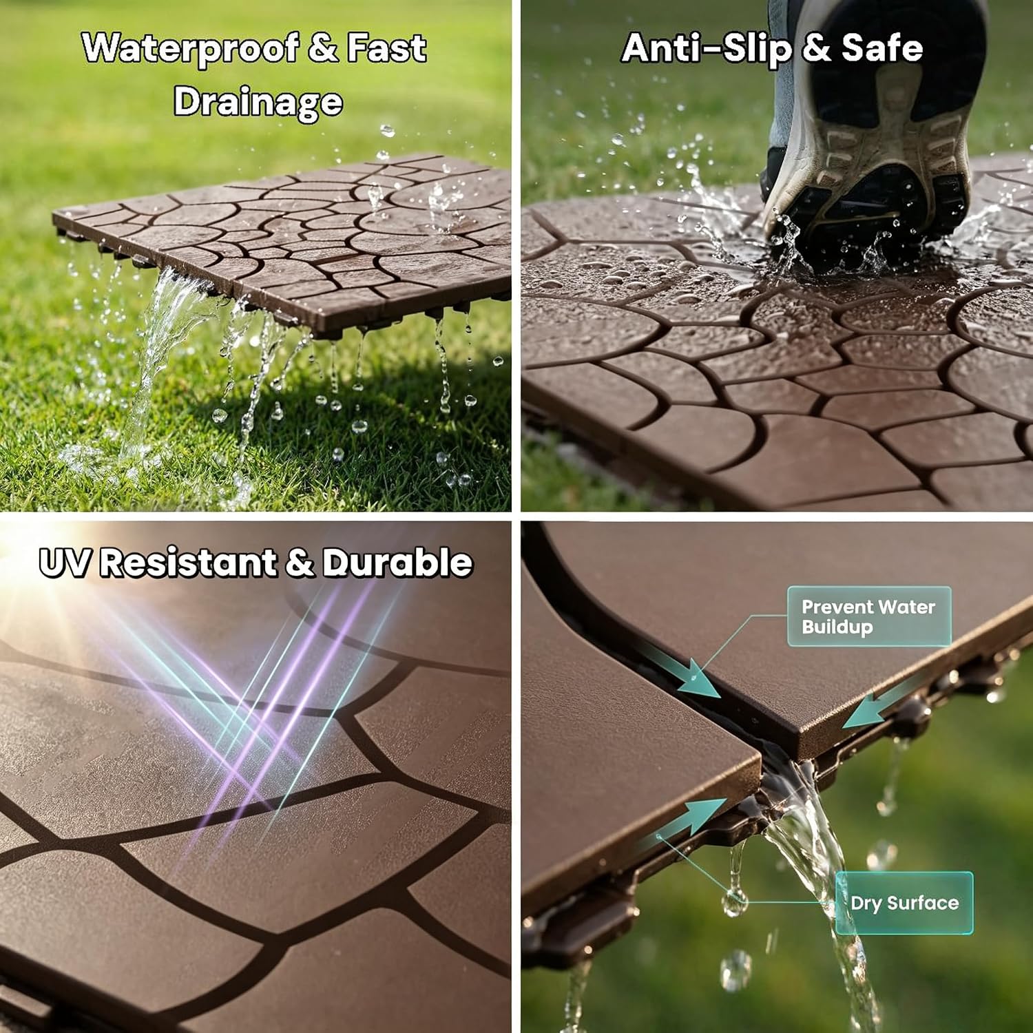 44‑Pack Dark Brown Stone Interlocking Deck Tiles