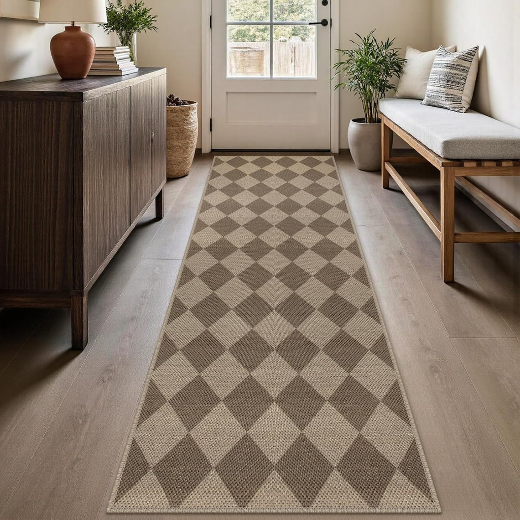 2.6x8 Brown Checkered Jute Runner Rug