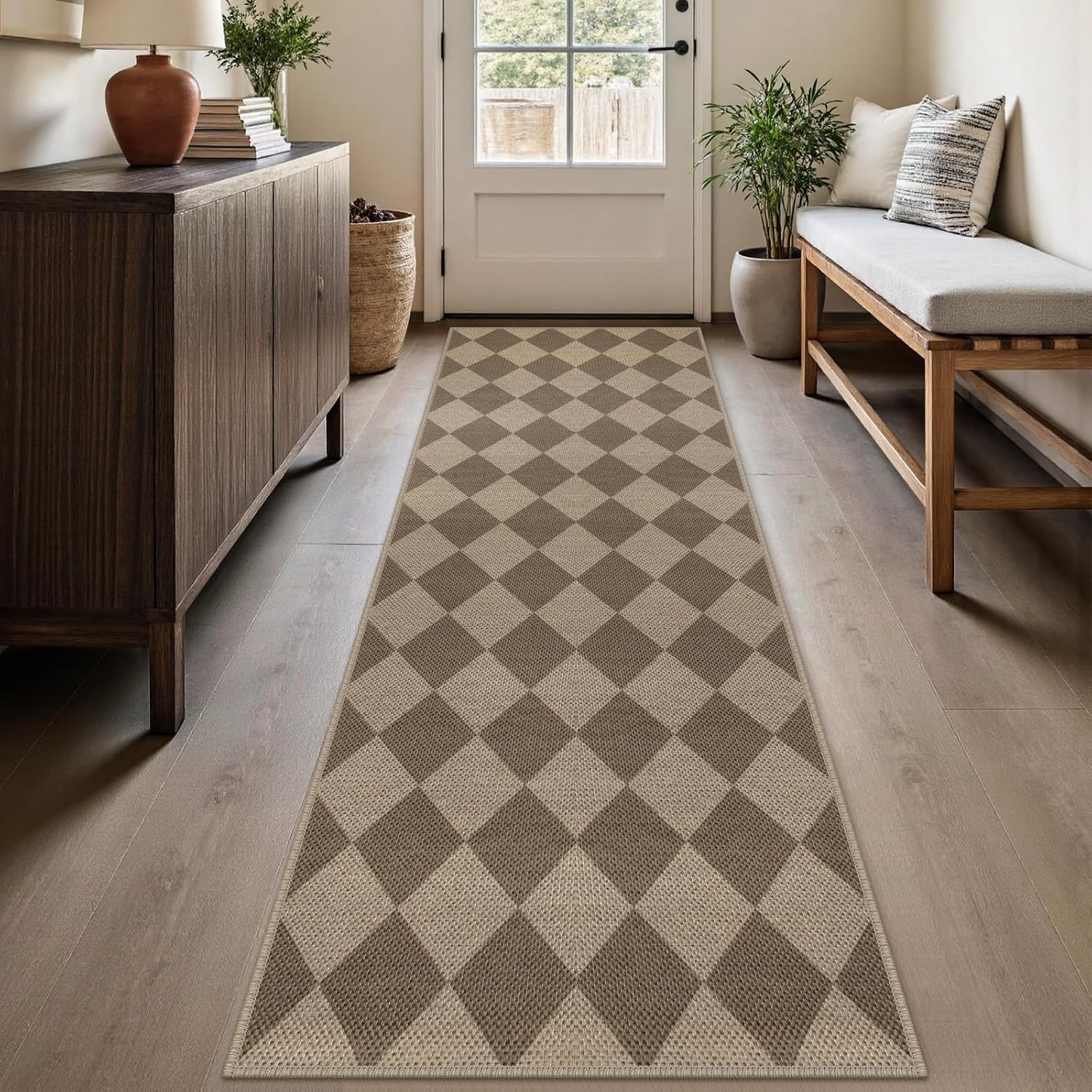 2.6x8 Brown Checkered Jute Runner Rug