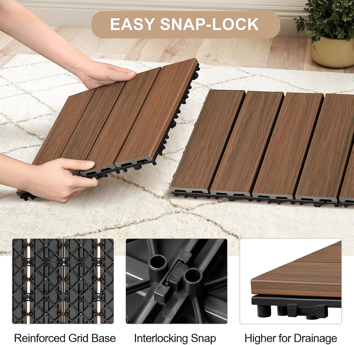 9‑Pack Teak Plastic‑Wood Interlocking Deck Tiles