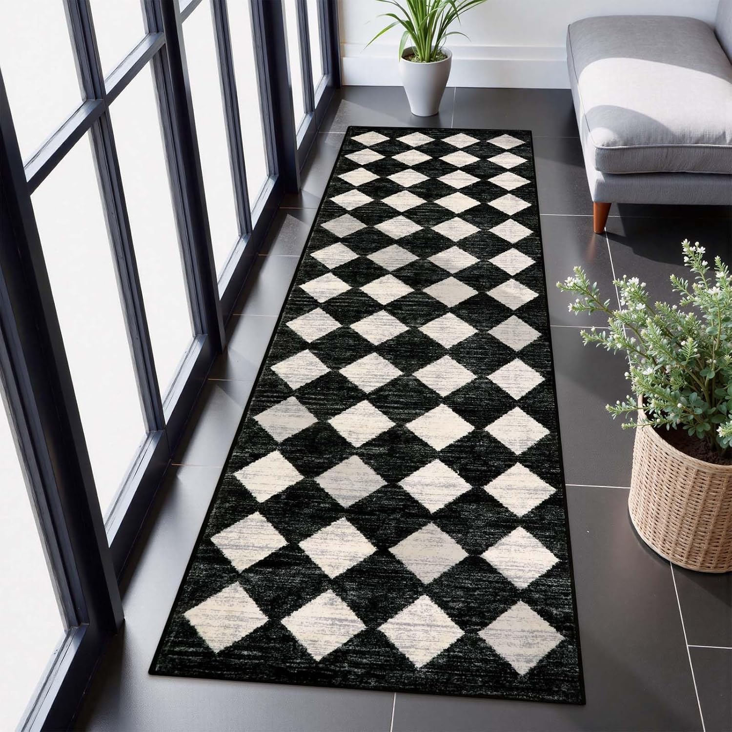 Black White Checkered 2x8 Kitchen Runner Rug