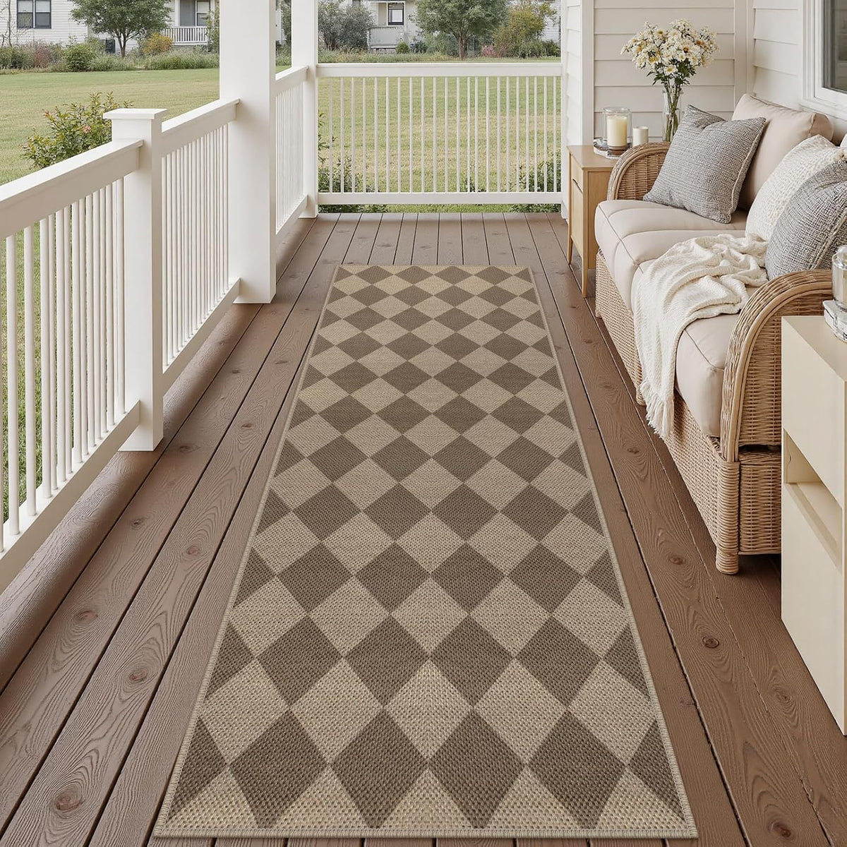 2.6x8 Brown Checkered Jute Runner Rug
