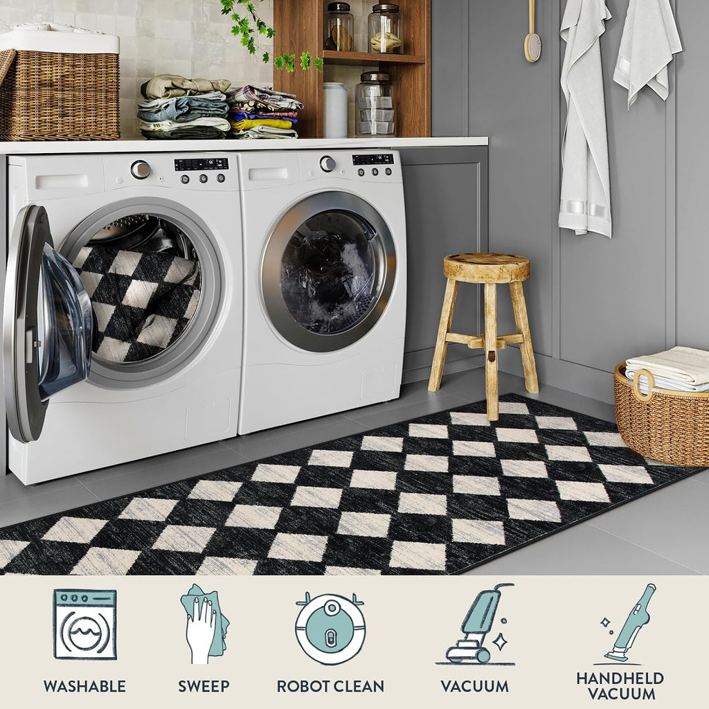 Black White Checkered 2x8 Kitchen Runner Rug