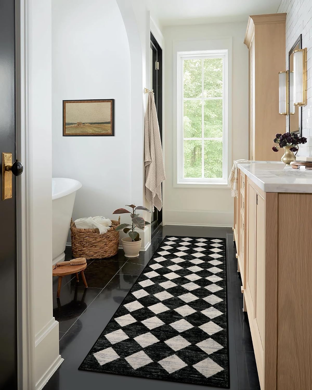 Black White Checkered 2x8 Kitchen Runner Rug
