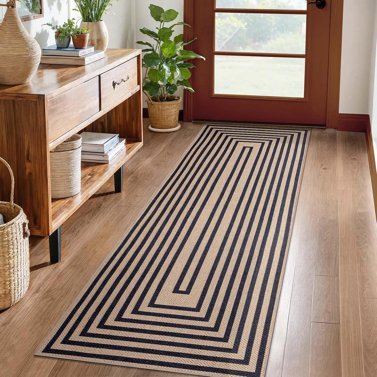 2x6 Black Geometric Jute Runner Rug