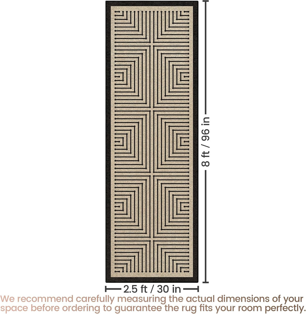 2.5x8 Black Geometric Woven Jute Runner Rug