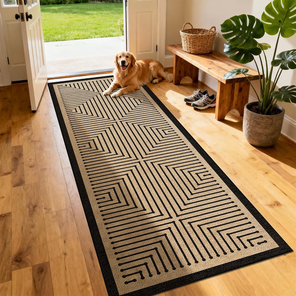 2.5x8 Black Geometric Woven Jute Runner Rug