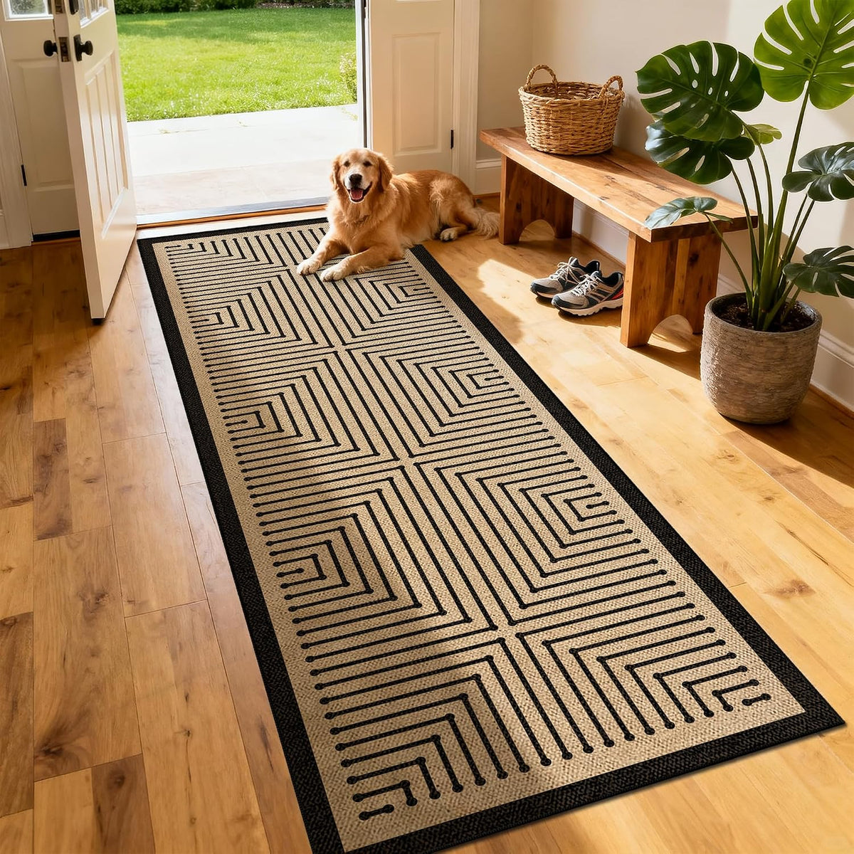 2.5x8 Black Geometric Woven Jute Runner Rug