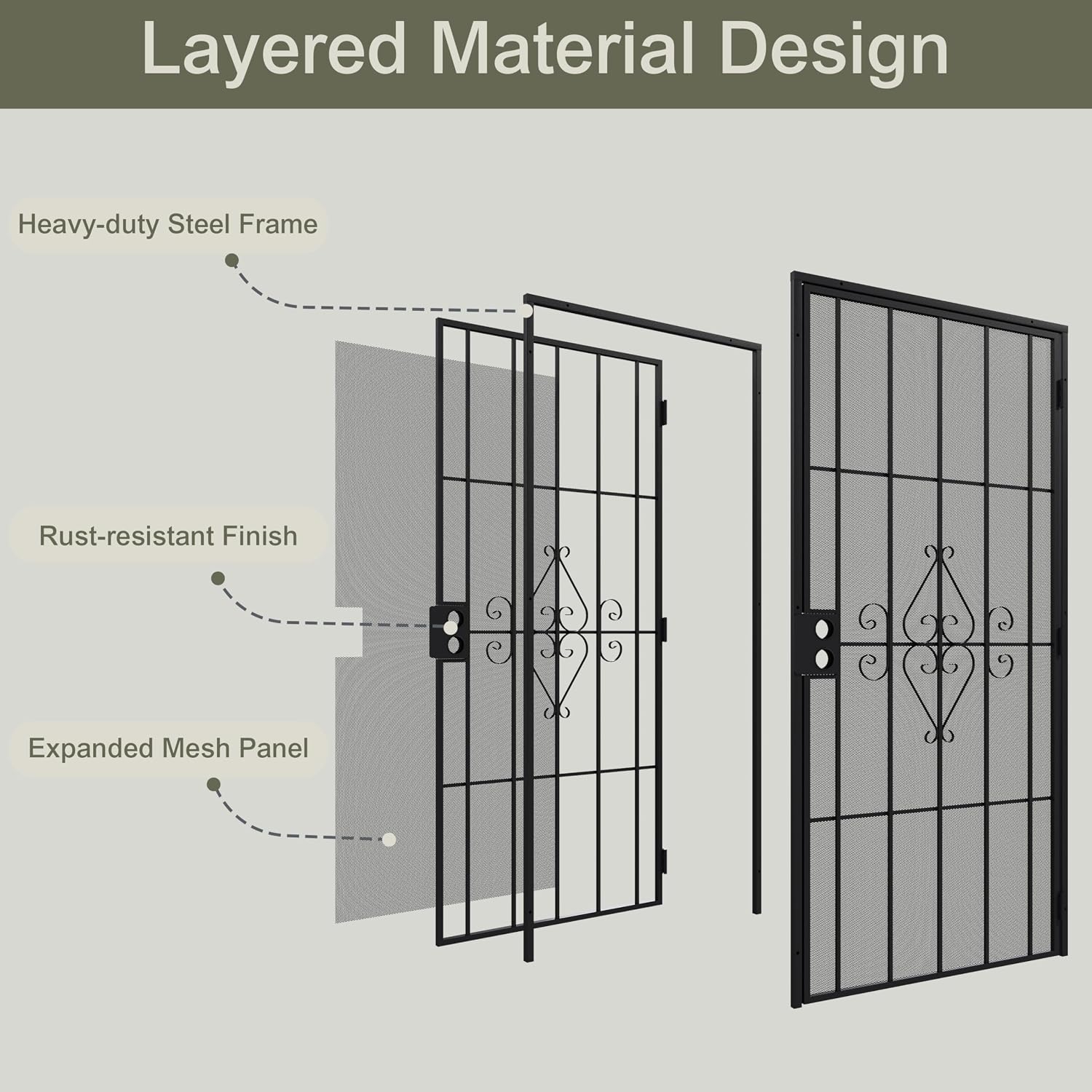 32x80 Black Steel Security Screen Door